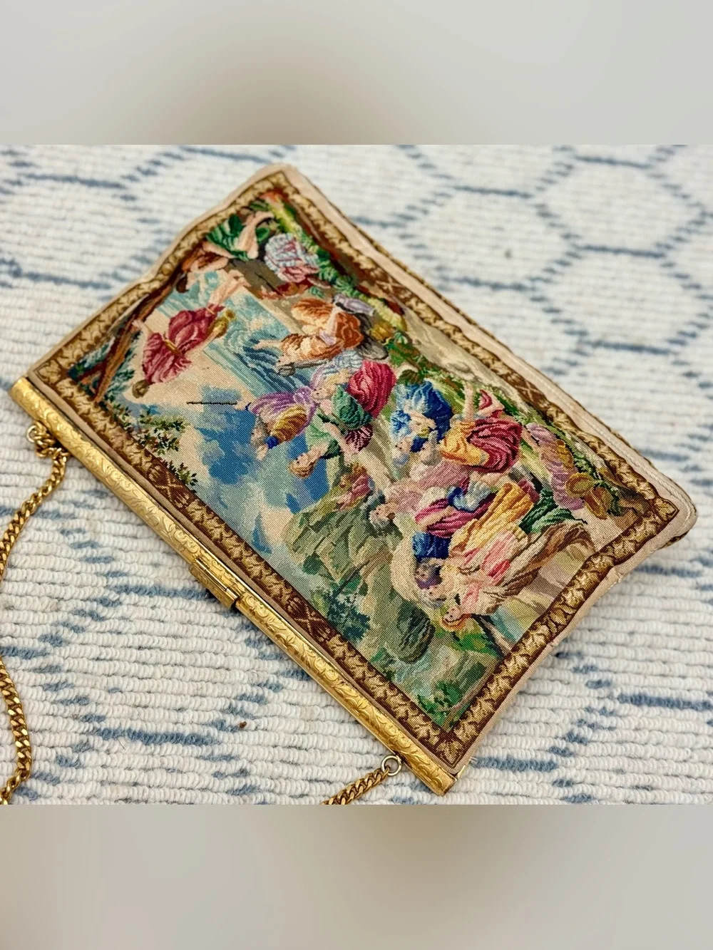 1930’s Vintage Scenic Tapestry Rhinestone Fleur-de-Lis-Clasp Coquette Handbag - Picture 10 of 16